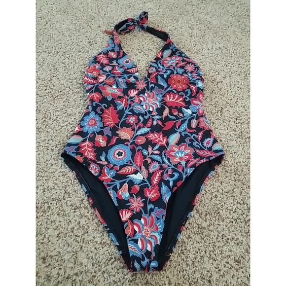 Loft Beach sz 2 Tie Neck Halter Lightly Padded Blue Red Floral 1 Piece‎ Swimsuit - Picture 4 of 12